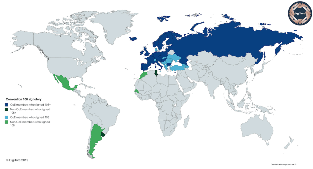 States who have signed either the original Convention 108 or the modernised 108 on The Convention for the Protection of Individuals with regard to Automatic Processing of Personal Data. Shown as a world map with different colours for those countries who are in the 108 compared to 108+ and differentiating between CoE and non CoE member states. 