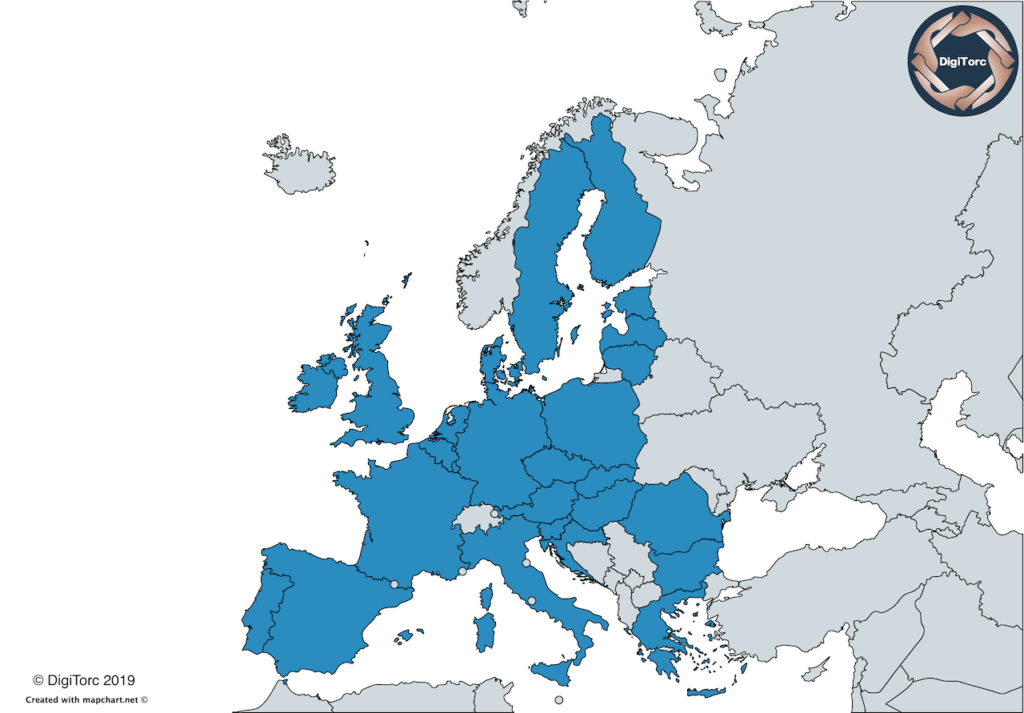 Countries of the European Union highlighted on a map on western Europe